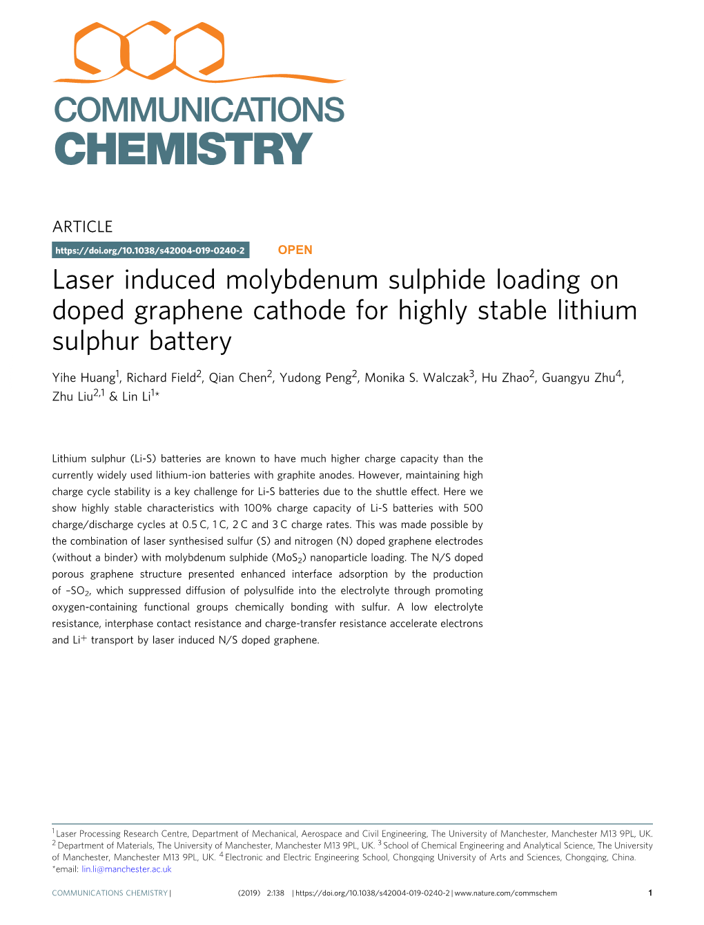 Laser Induced Molybdenum Sulphide Loading on Doped Graphene Cathode for Highly Stable Lithium Sulphur Battery