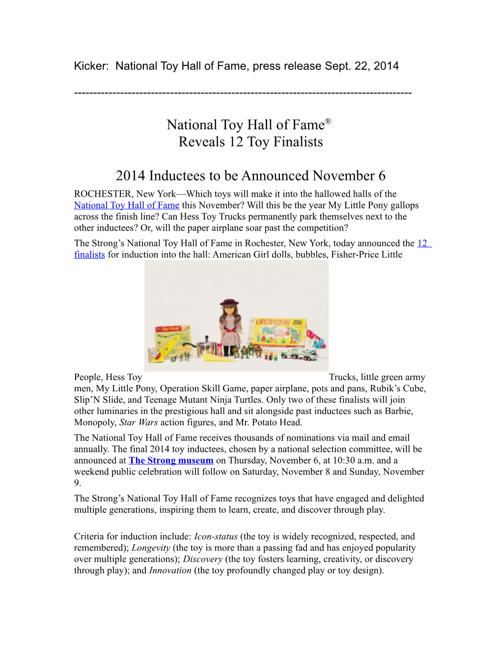 National Toy Hall of Fame® Reveals 12 Toy Finalists 2014 Inductees To