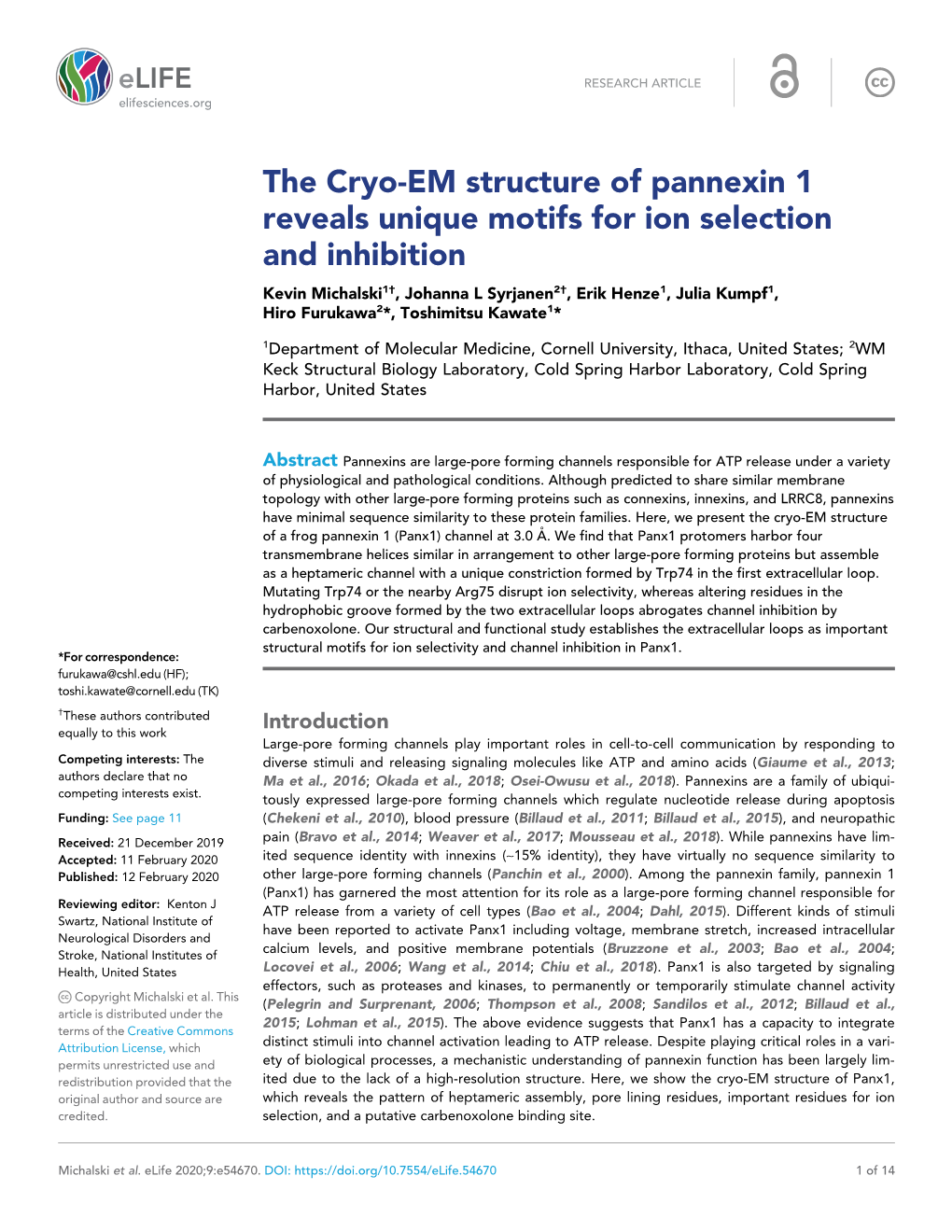 The Cryo-EM Structure of Pannexin 1 Reveals Unique Motifs for Ion