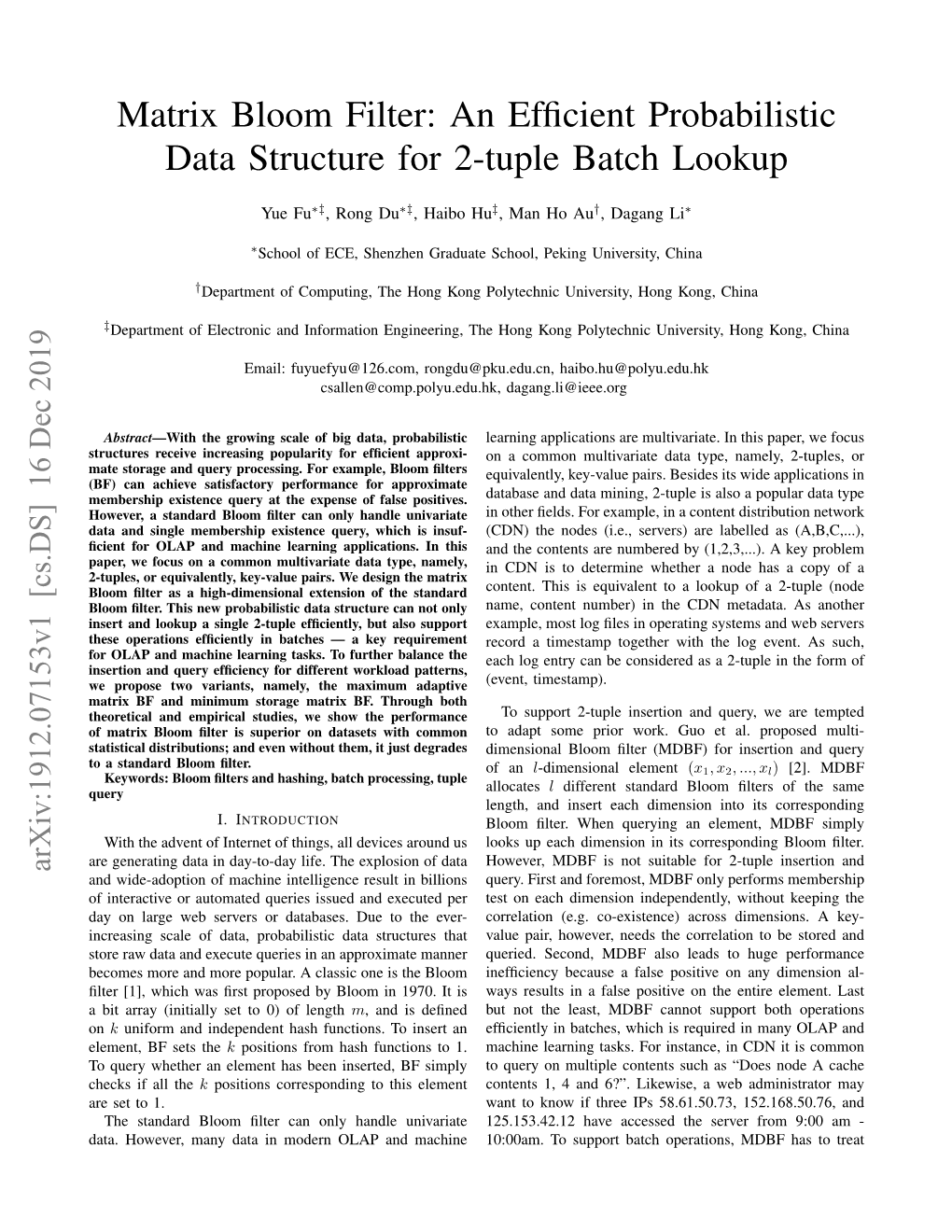 Matrix Bloom Filter: an Efﬁcient Probabilistic Data Structure for 2-Tuple Batch Lookup