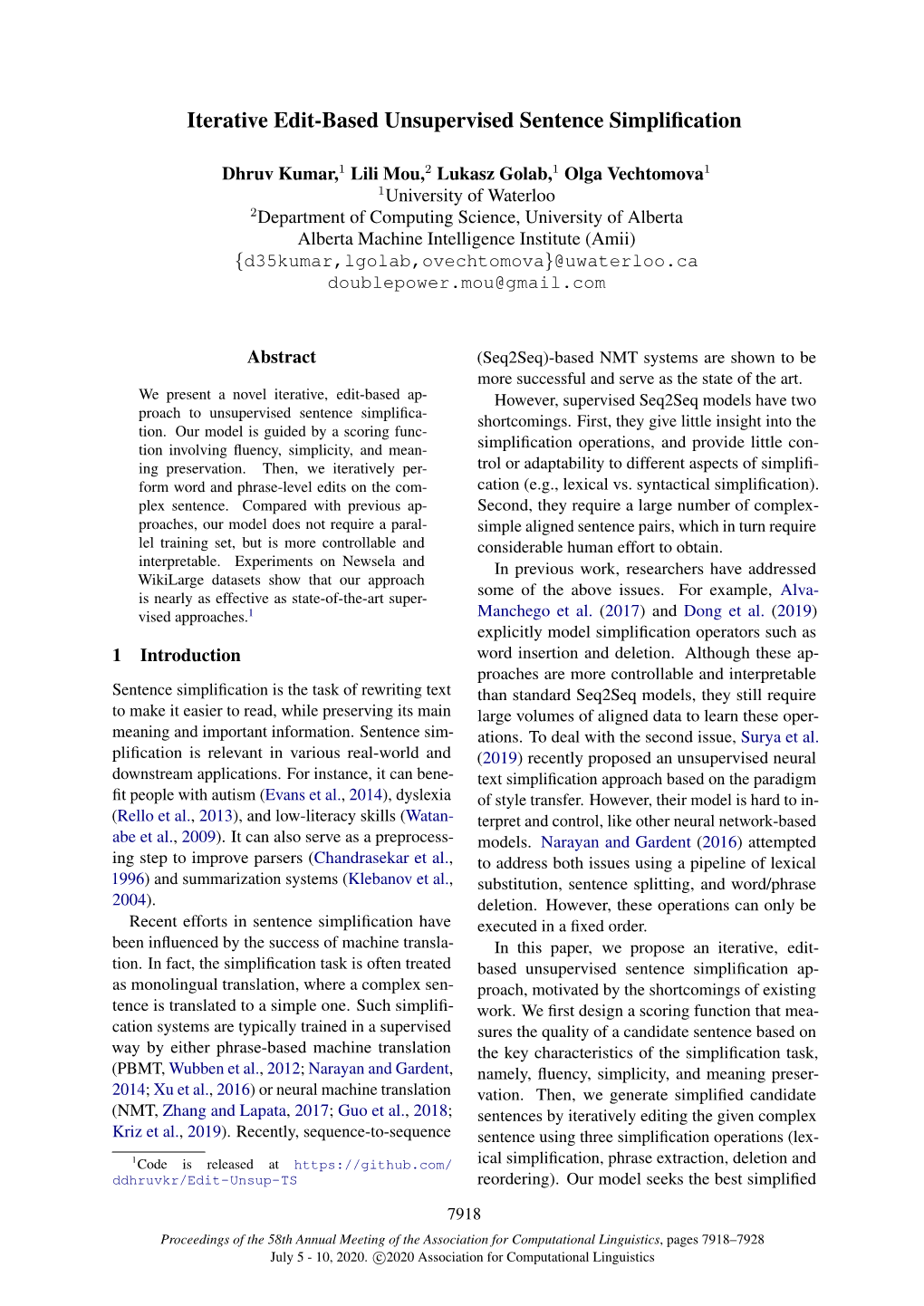 Iterative Edit-Based Unsupervised Sentence Simpliﬁcation