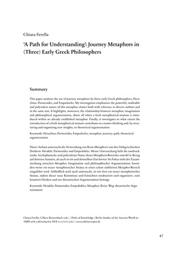 'A Path for Understanding': Journey Metaphors in (Three) Early Greek Philosophers