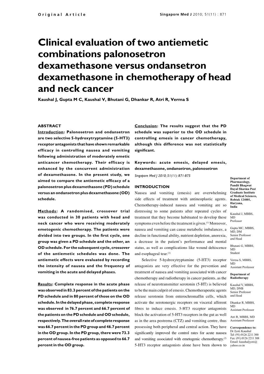 Clinical Evaluation of Two Antiemetic Combinations Palonosetron