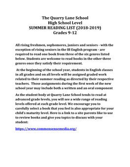 The Quarry Lane School High School Level SUMMER READING LIST (2018-2019) Grades 9-12