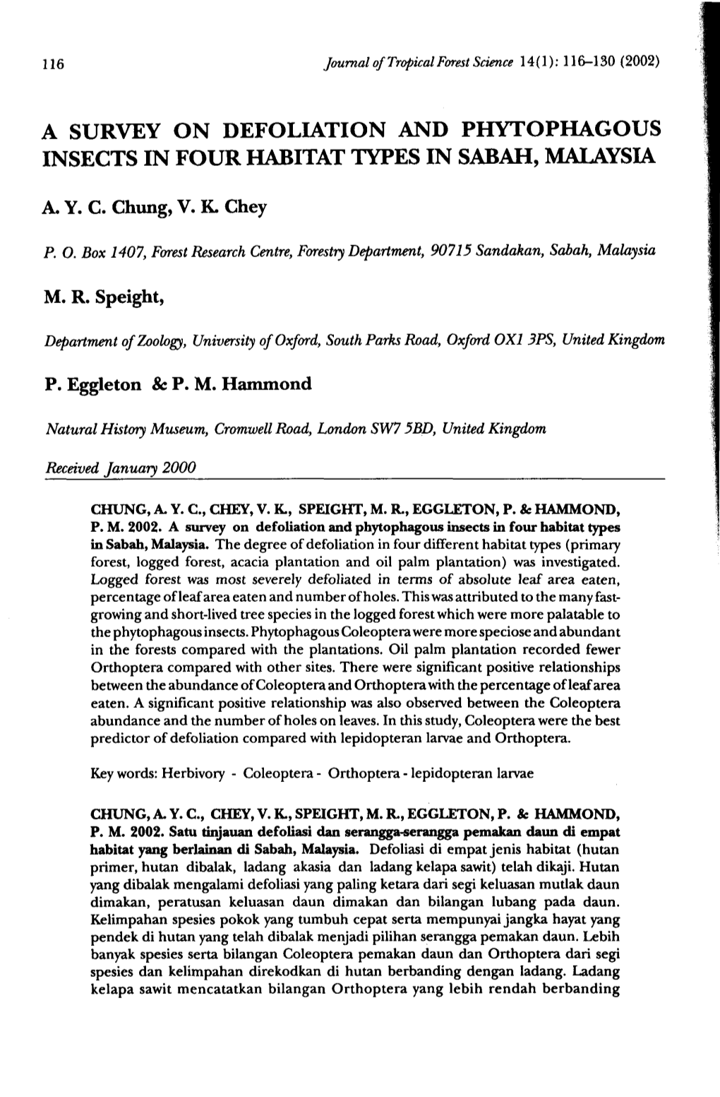 A Survey on Defoliation and Phytophagous Insects in Four Habitat Types in Sabah, Malaysia