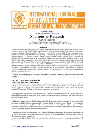 Strategies in Research Garima Malhotra Assistant Professor, Department of Business Economics, Sri Guru Nanak Dev Khalsa College, Dev Nagar, Delhi University