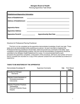 Abington Board of Health Piercing Apprentice Task Sheet