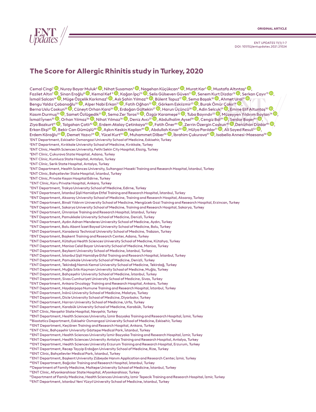 The Score for Allergic Rhinitis Study in Turkey, 2020