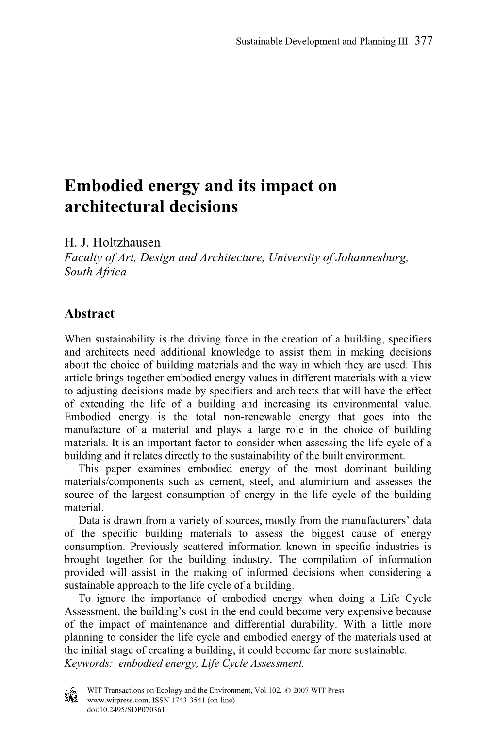 Embodied Energy and Its Impact on Architectural Decisions