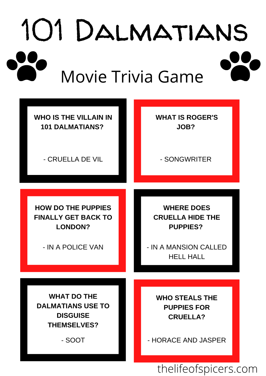 101 Dalmatians Trivia Printable