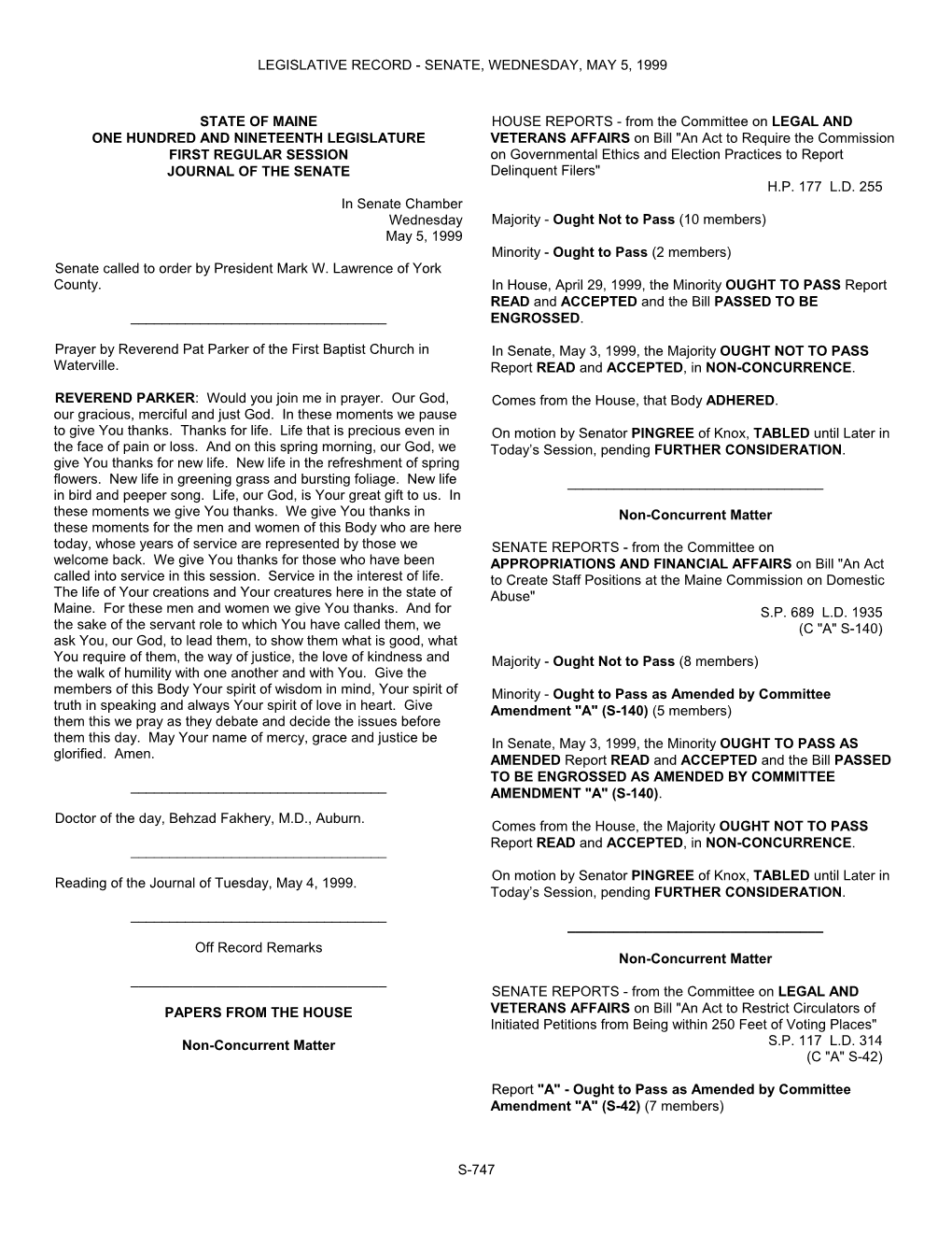 Legislative Record - Senate, Wednesday, May 5, 1999