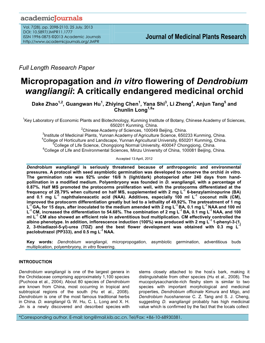 Micropropagation and in Vitro Flowering of Dendrobium Wangliangii: a Critically Endangered Medicinal Orchid