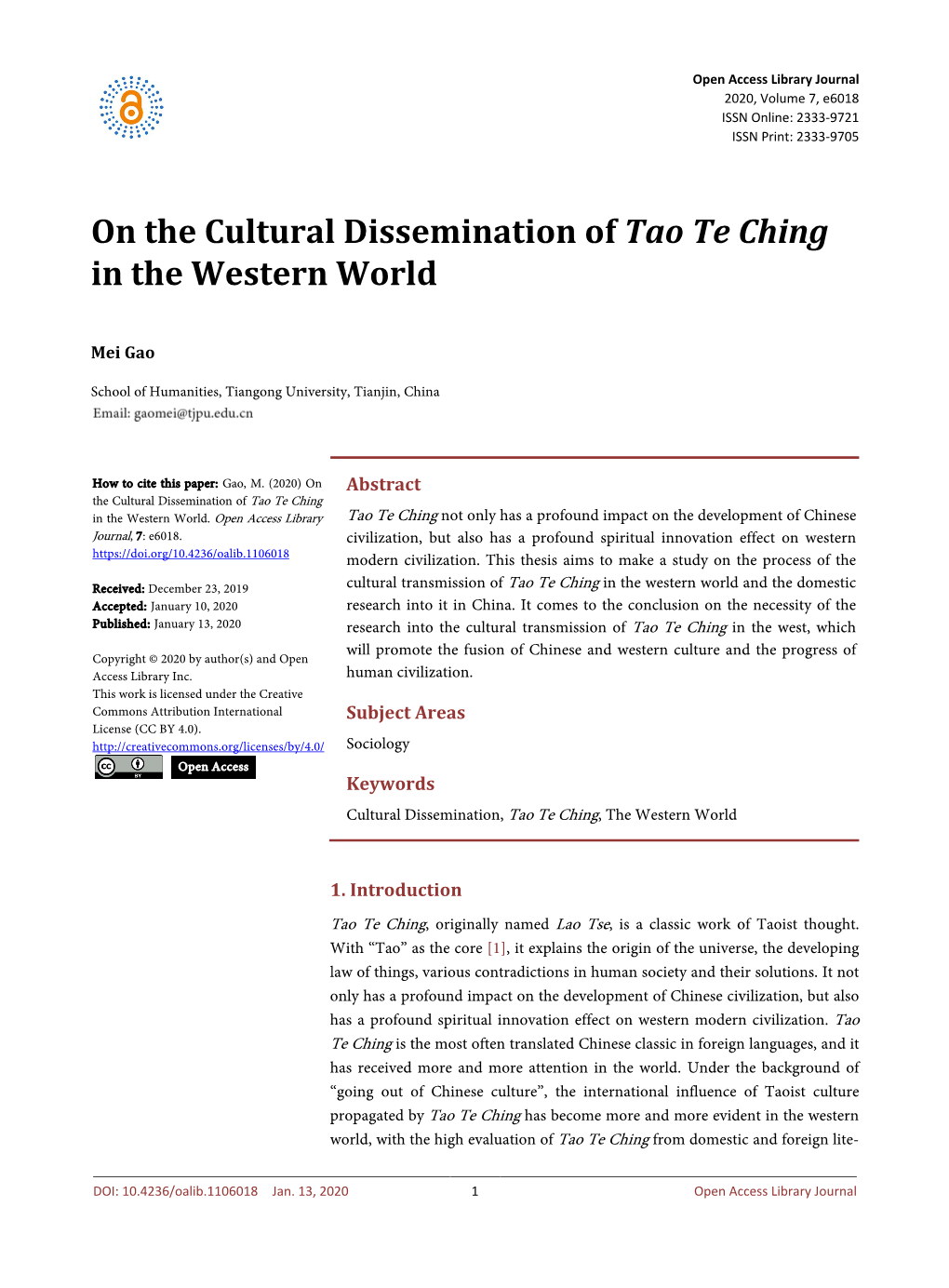 On the Cultural Dissemination of Tao Te Ching in the Western World