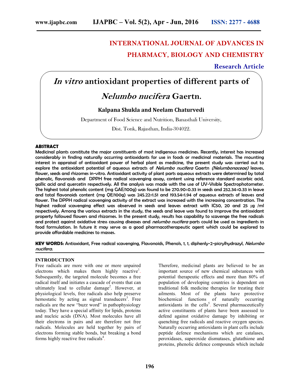 In Vitro Antioxidant Properties of Different Parts of Nelumbo Nucifera Gaertn