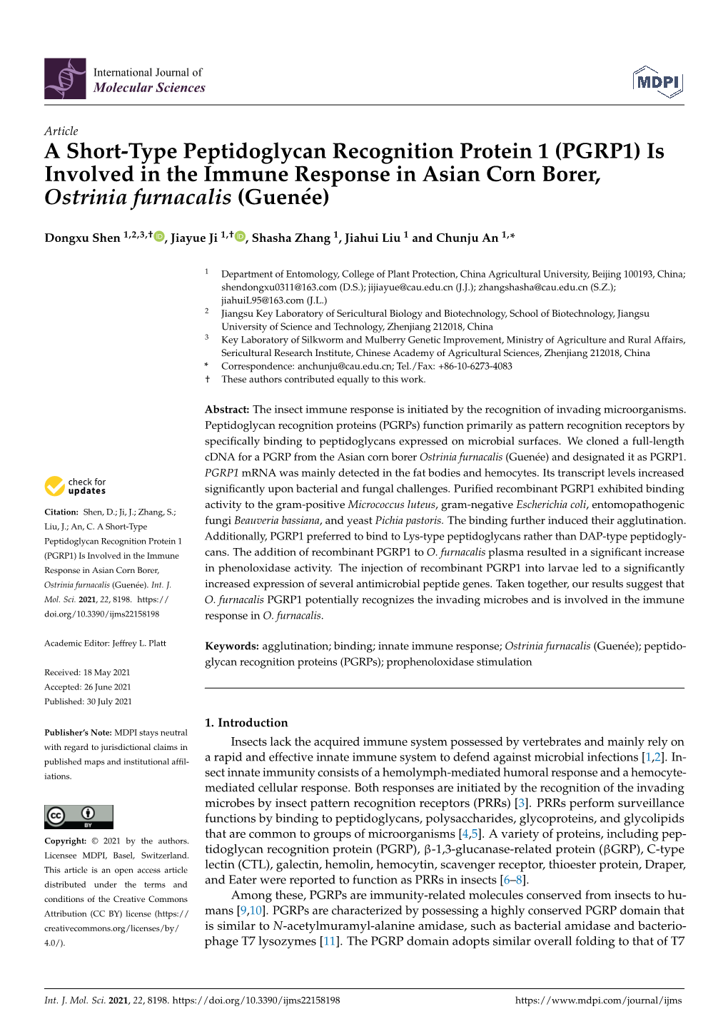 A Short-Type Peptidoglycan Recognition Protein 1 (PGRP1) Is Involved in the Immune Response in Asian Corn Borer, Ostrinia Furnacalis (Guenée)