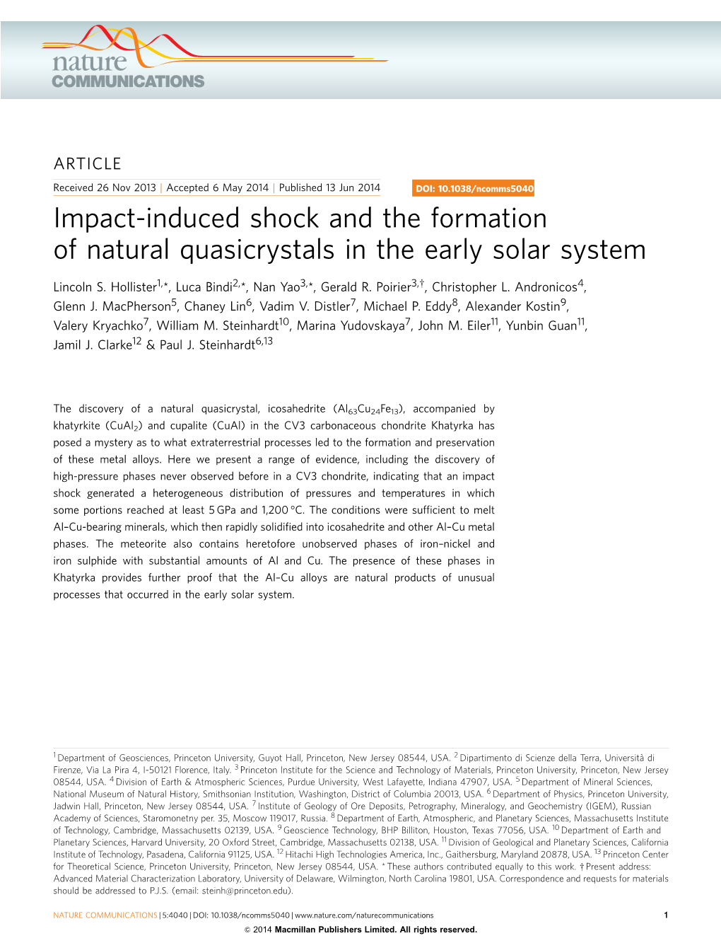 Impact-Induced Shock and the Formation of Natural Quasicrystals in the Early Solar System