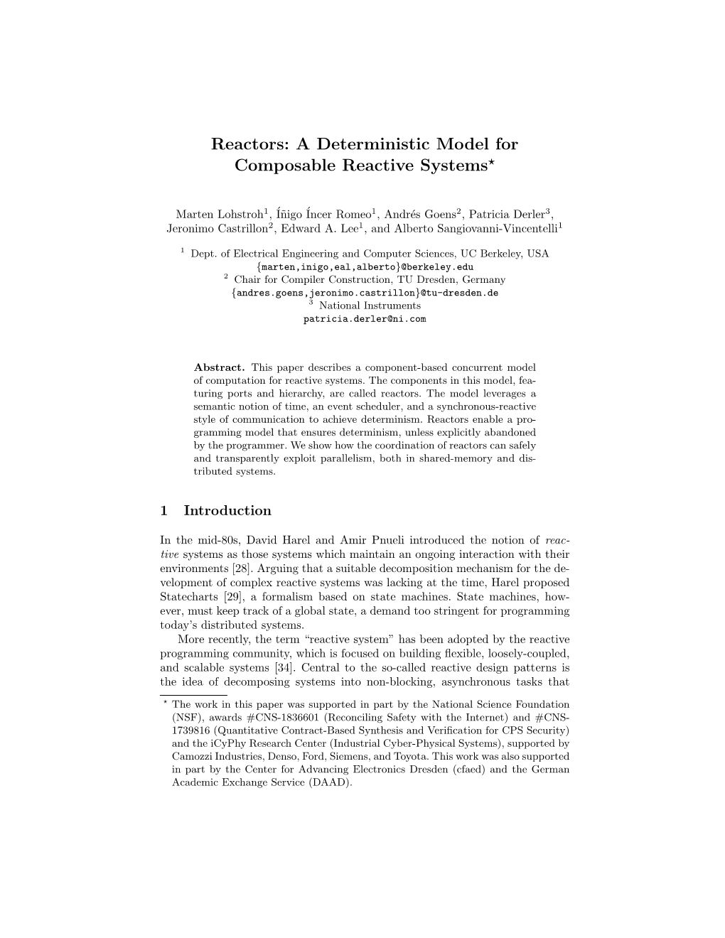 Reactors: a Deterministic Model for Composable Reactive Systems⋆