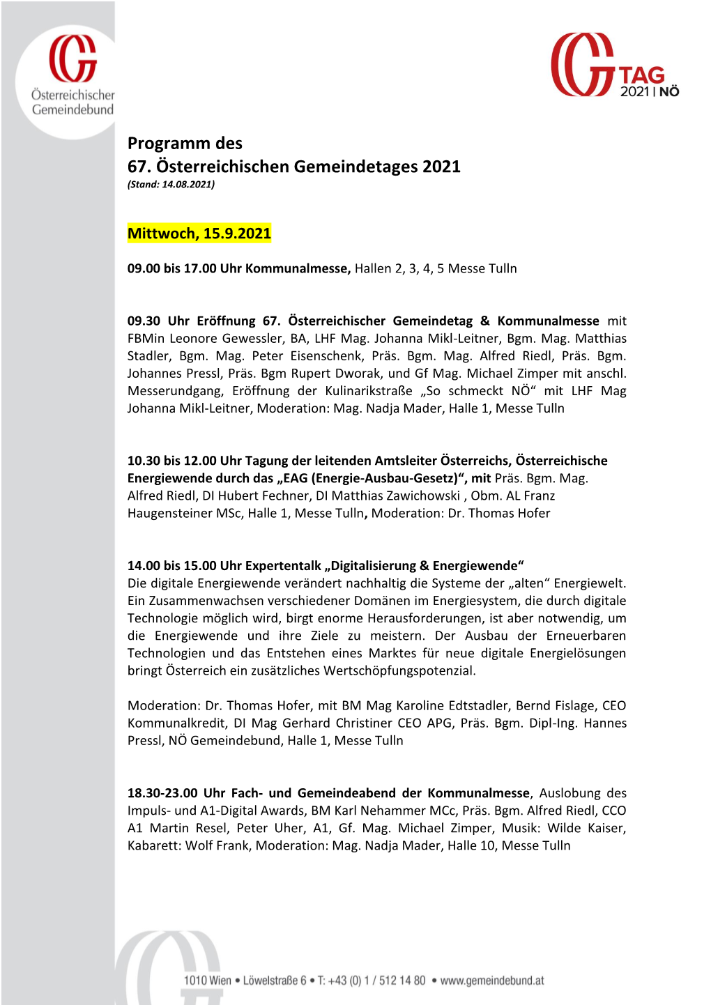 Programm Des 67. Österreichischen Gemeindetages 2021 (Stand: 14.08.2021)