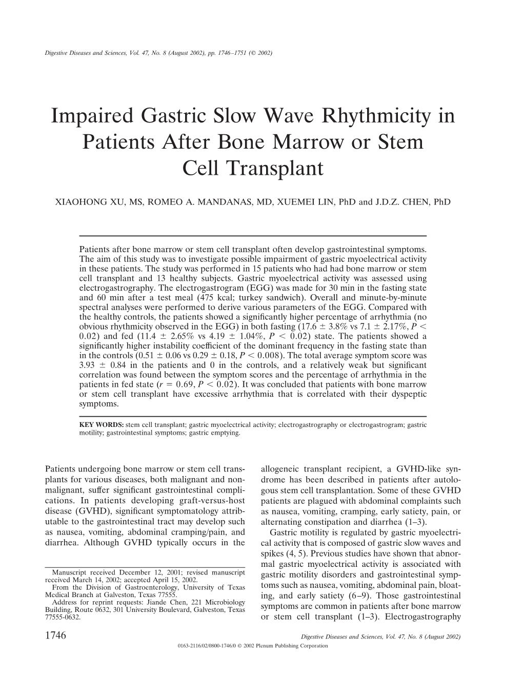 Impaired Gastric Slow Wave Rhythmicity in Patients After Bone Marrow Or Stem Cell Transplant