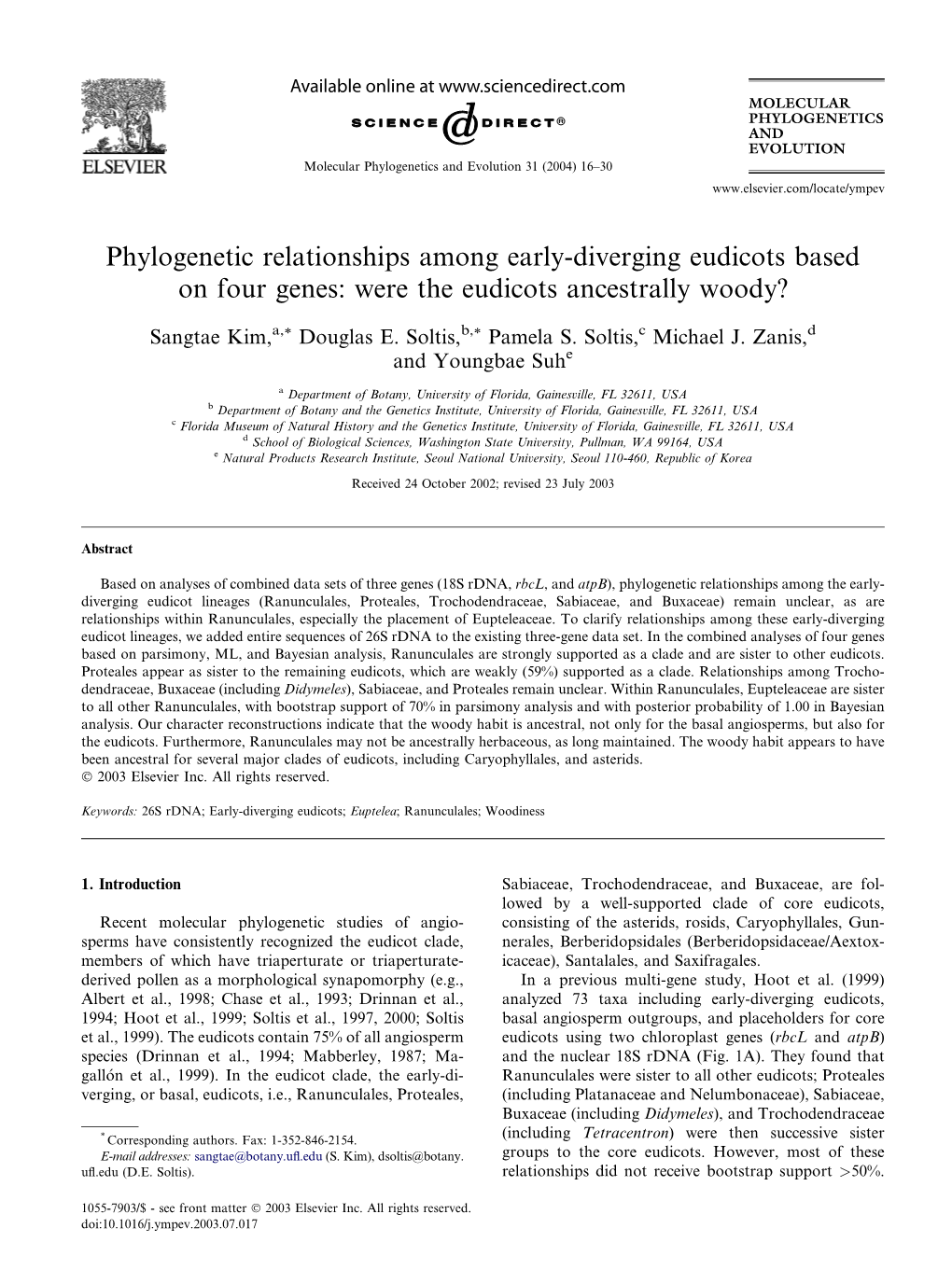 Phylogenetic Relationships Among Early-Diverging Eudicots Based on Four Genes: Were the Eudicots Ancestrally Woody?