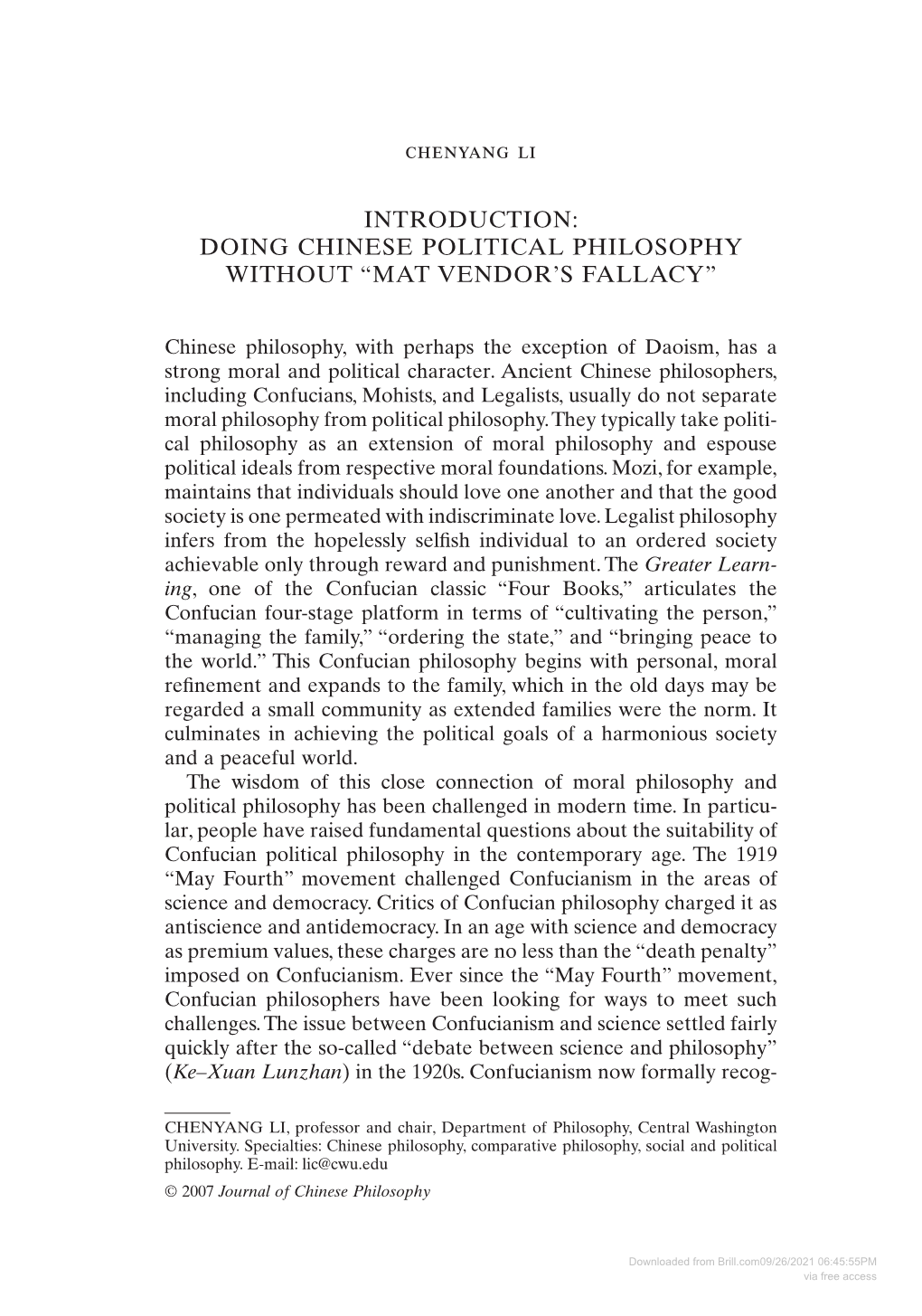 Doing Chinese Political Philosophy Without “Mat Vendor’S Fallacy”