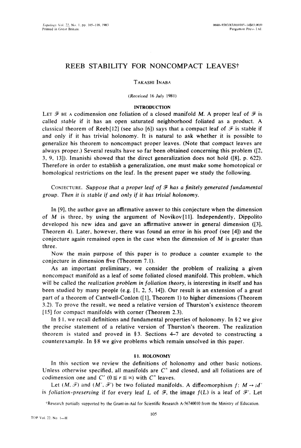 REEB STABILITY for NONCOMPACT LEAVES-T