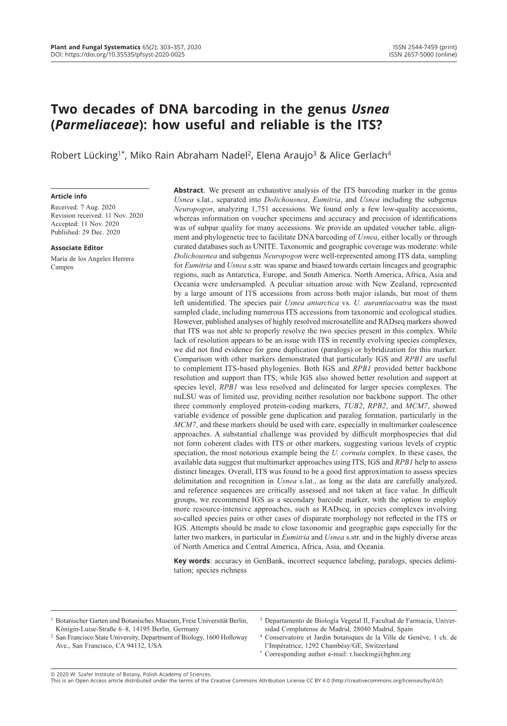 Two Decades of DNA Barcoding in the Genus Usnea (Parmeliaceae): How Useful and Reliable Is the ITS?