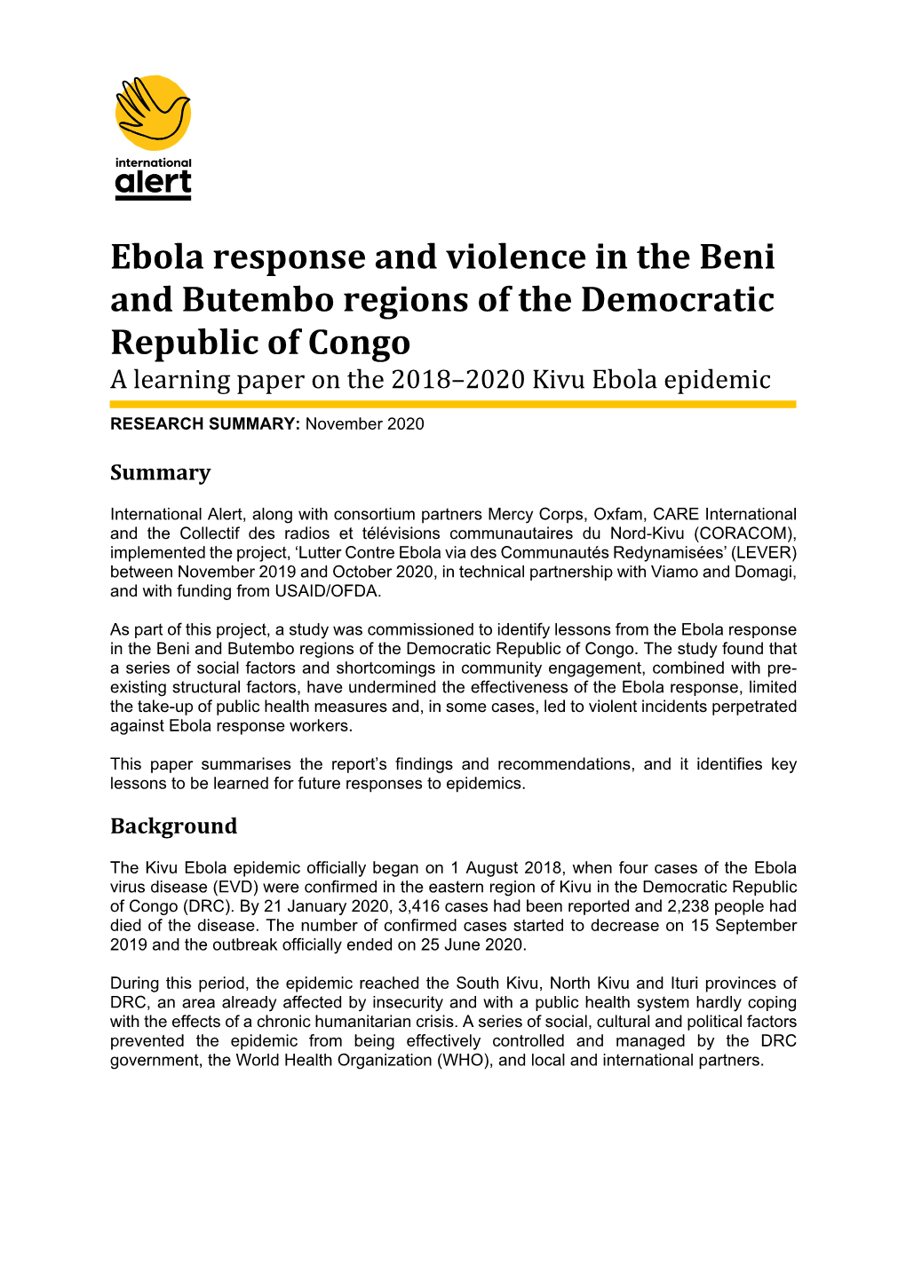 Ebola Response and Violence in the Beni and Butembo Regions of the Democratic Republic of Congo a Learning Paper on the 2018–2020 Kivu Ebola Epidemic