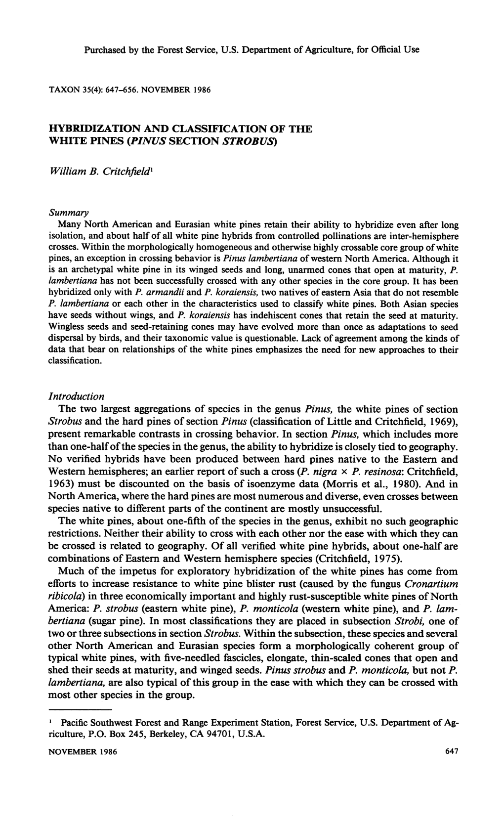 Hybridization and Classification of the White Pines (Pinus Section Strobus)