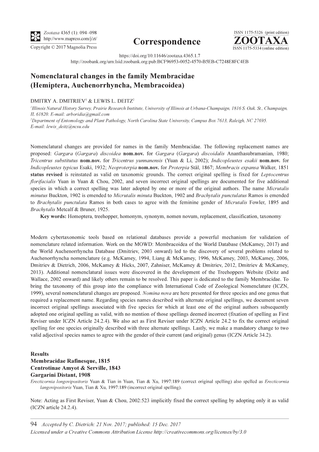 Nomenclatural Changes in the Family Membracidae (Hemiptera, Auchenorrhyncha, Membracoidea)