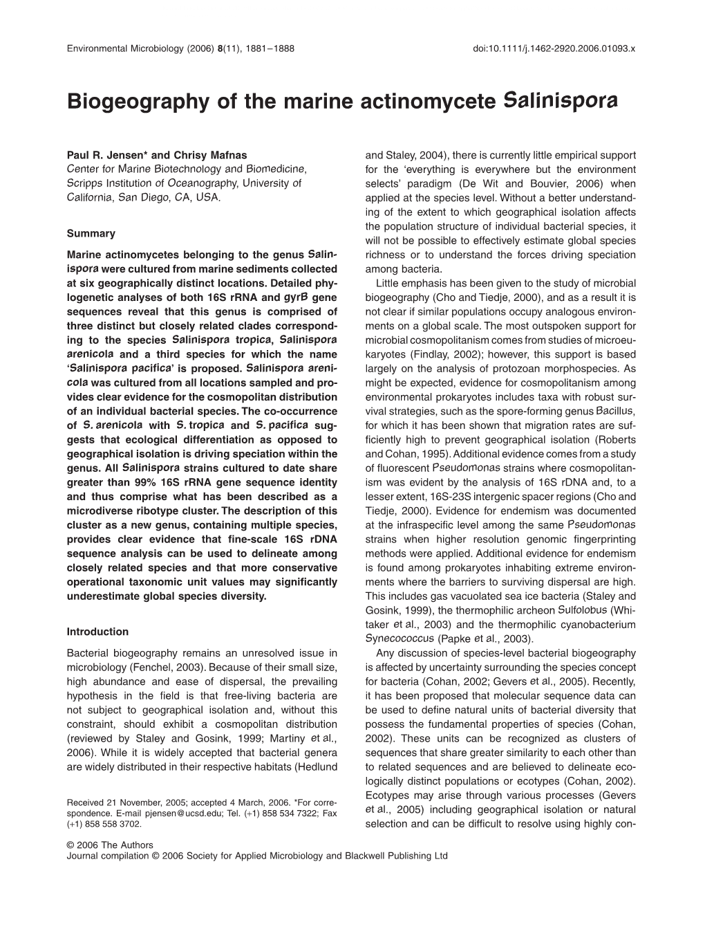 Biogeography of the Marine Actinomycete Salinispora