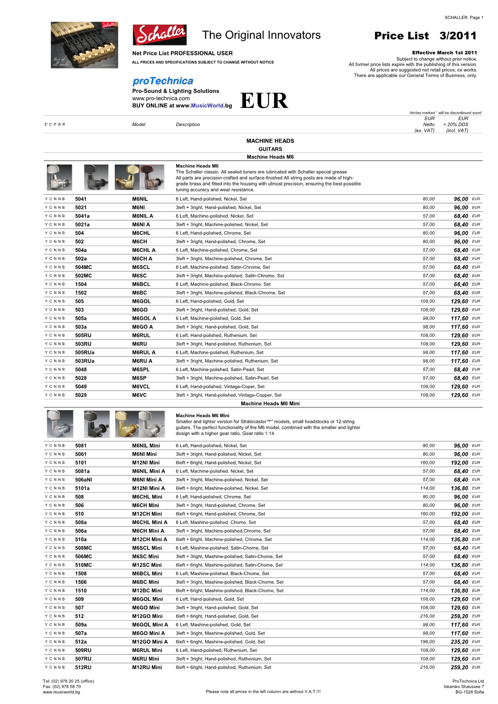 The Original Innovators Price List 3/2011