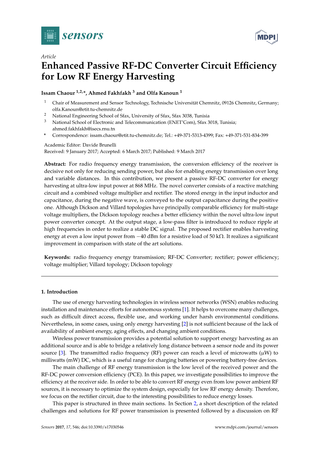 Enhanced Passive RF-DC Converter Circuit Efficiency for Low RF Energy