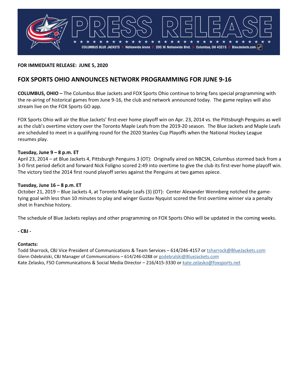 Fox Sports Ohio Announces Network Programming for June 9-16