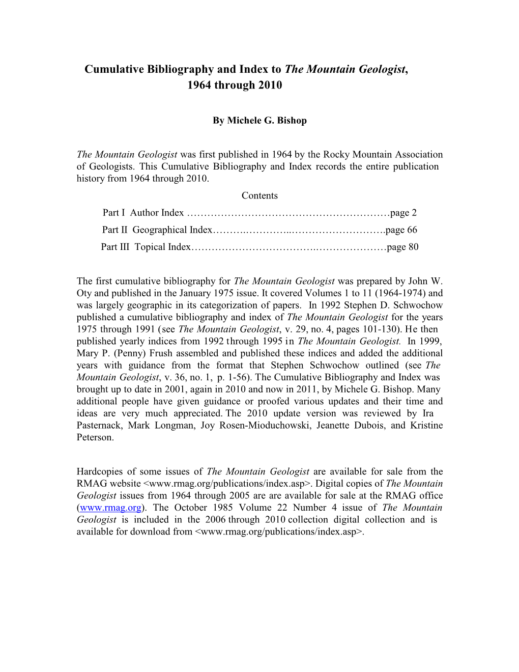 Cumulative Bibliography and Index: the Mountain Geologist 1964-2010