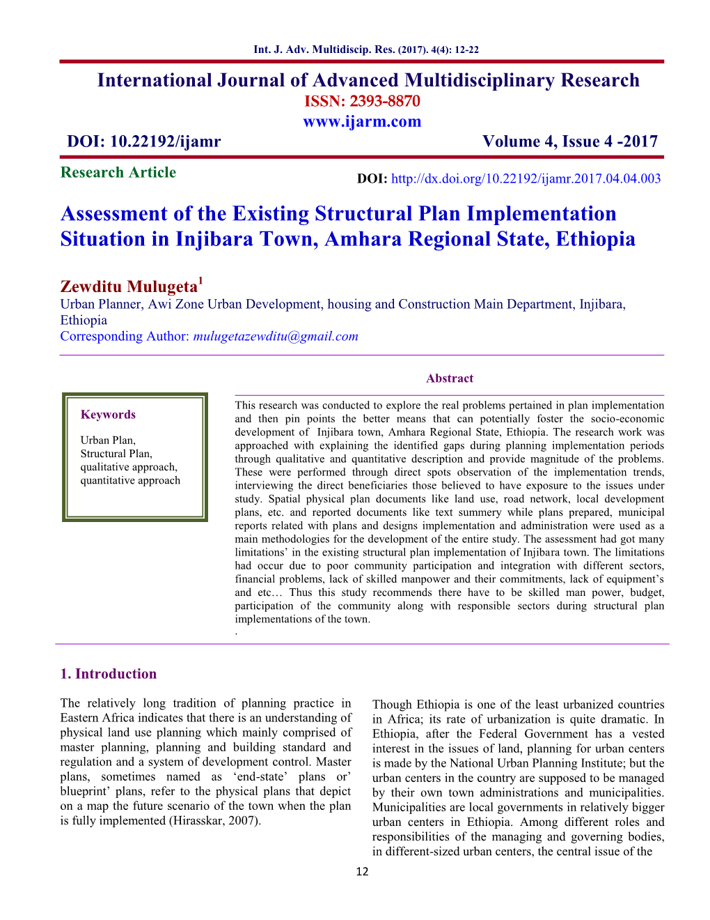 Assessment of the Existing Structural Plan Implementation Situation in Injibara Town, Amhara Regional State, Ethiopia