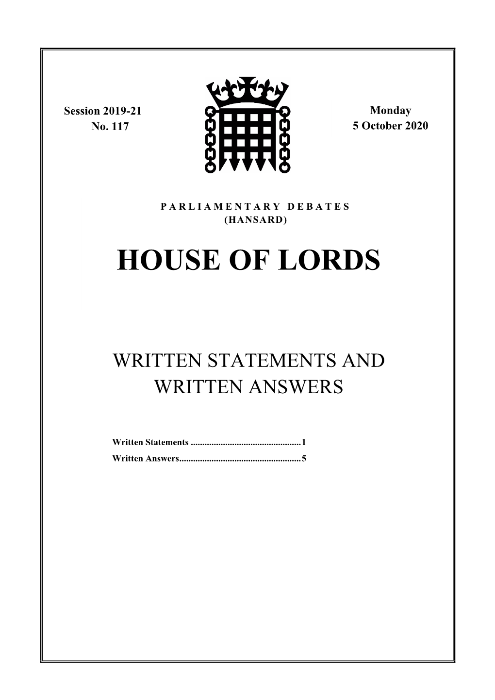 House of Lords Written Answers and Statements