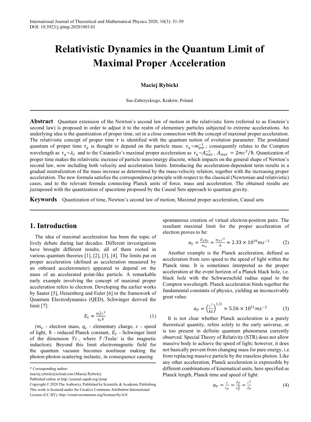 Quantization of Time, Newton's Second Law of Motion, Maximal Proper