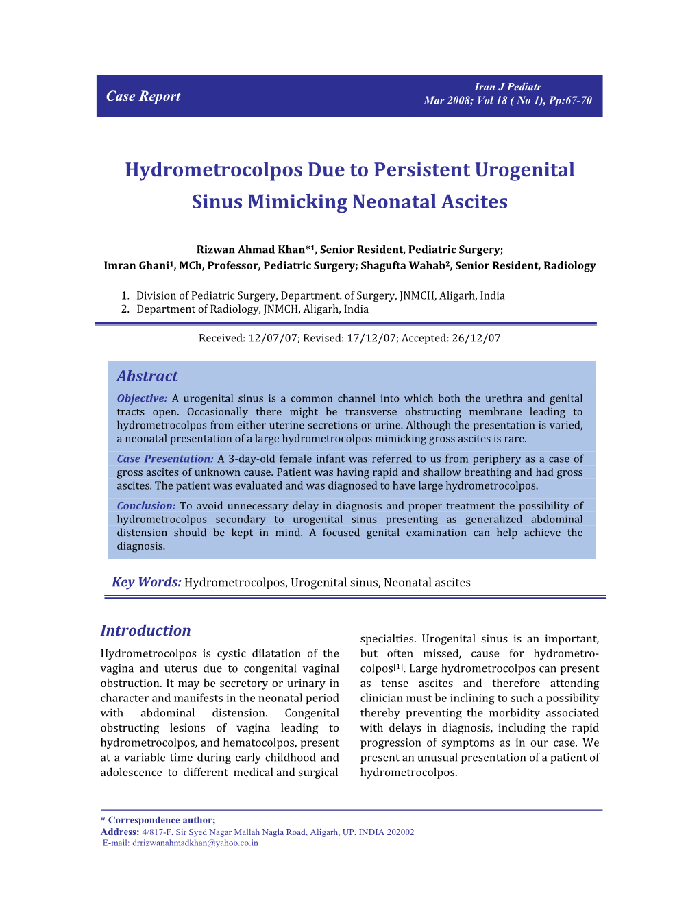 Hydrometrocolpos Due to Persistent Urogenital Sinus Mimicking Neonatal Ascites