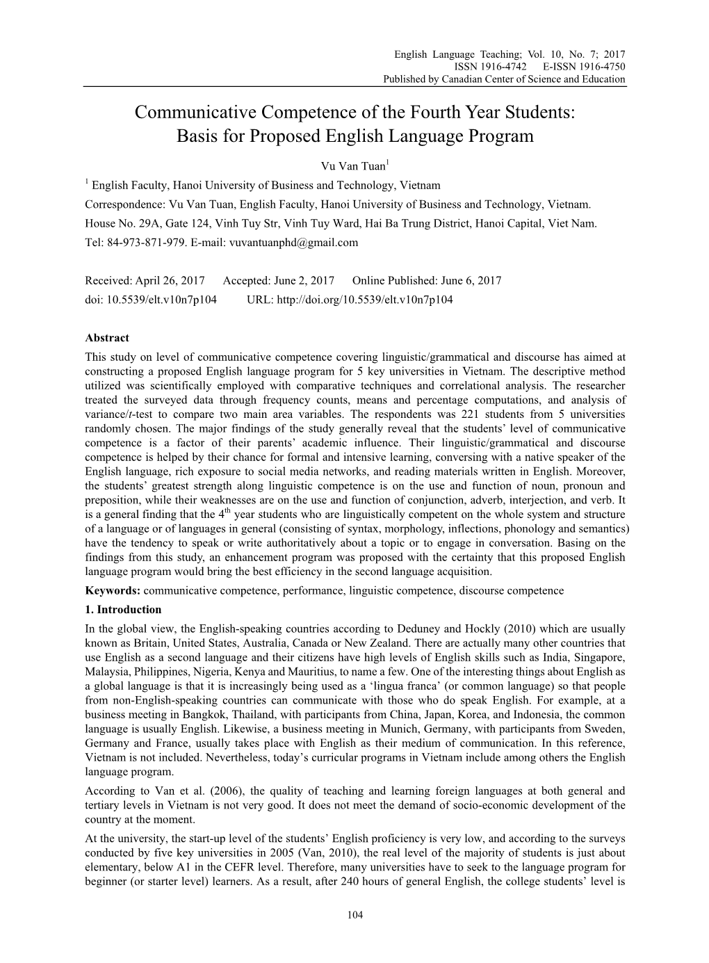 Communicative Competence of the Fourth Year Students: Basis for Proposed English Language Program