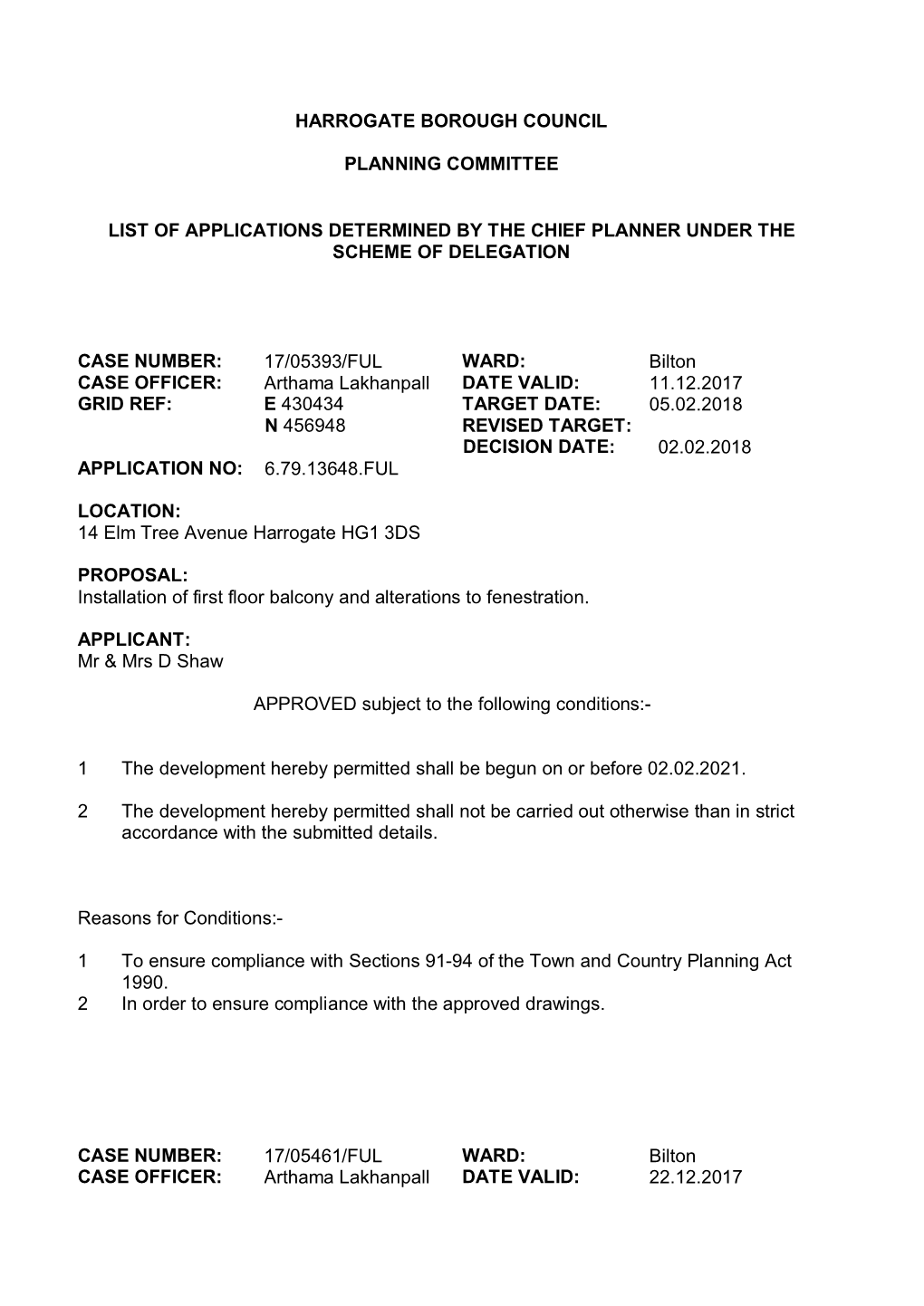 Harrogate Borough Council Planning Committee List Of