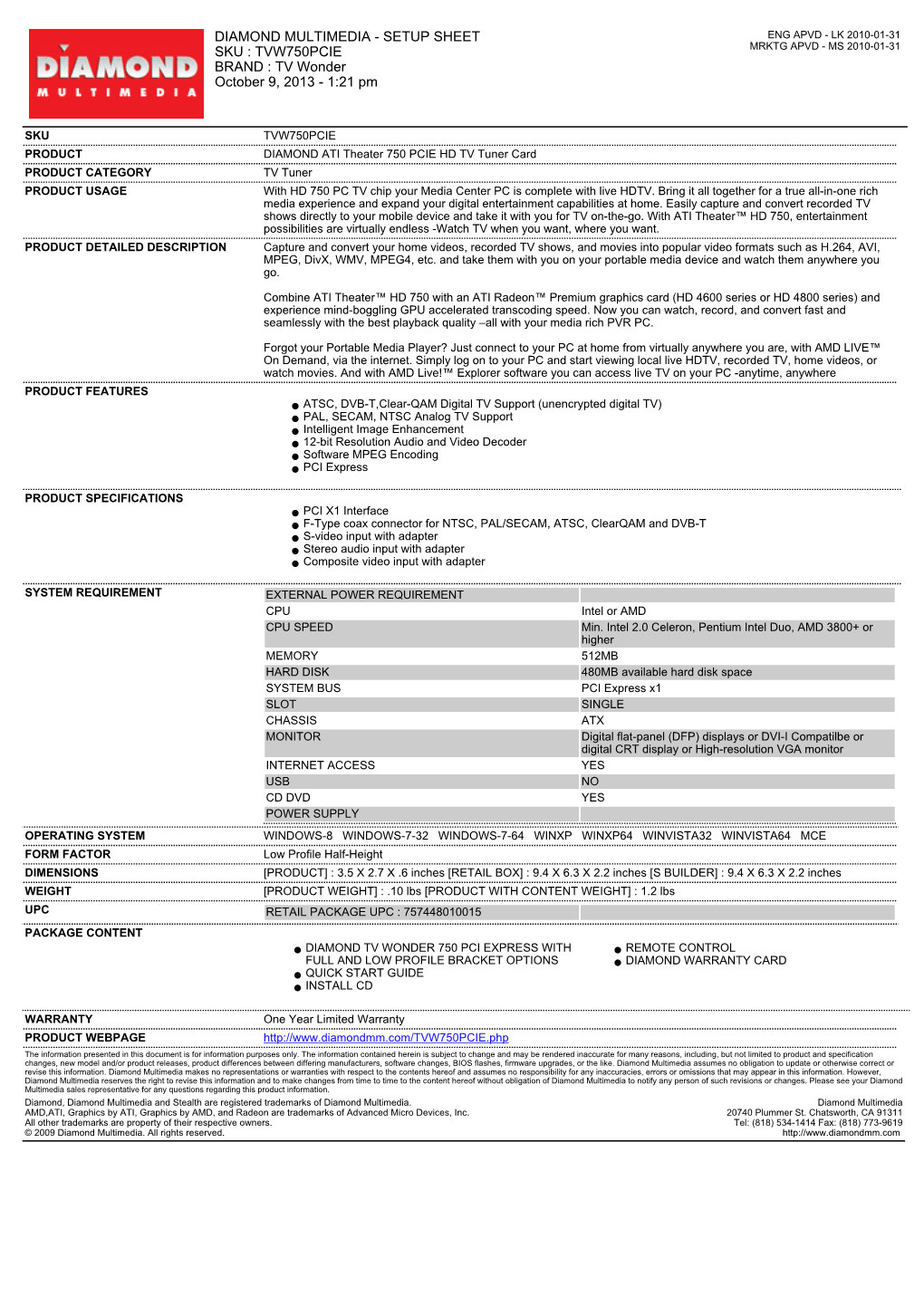 Setup Sheet Sku : Tvw750pcie Brand