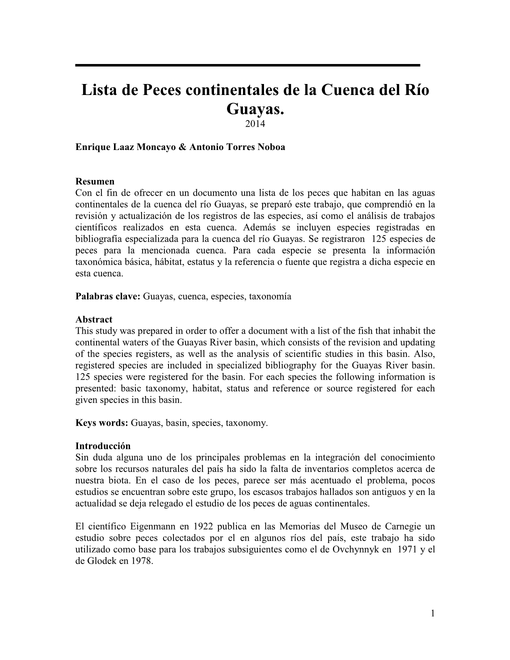 Lista De Peces Continentales De La Cuenca Del Río Guayas. 2014