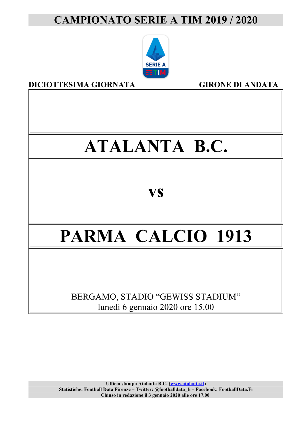 ATALANTA B.C. Vs PARMA CALCIO 1913