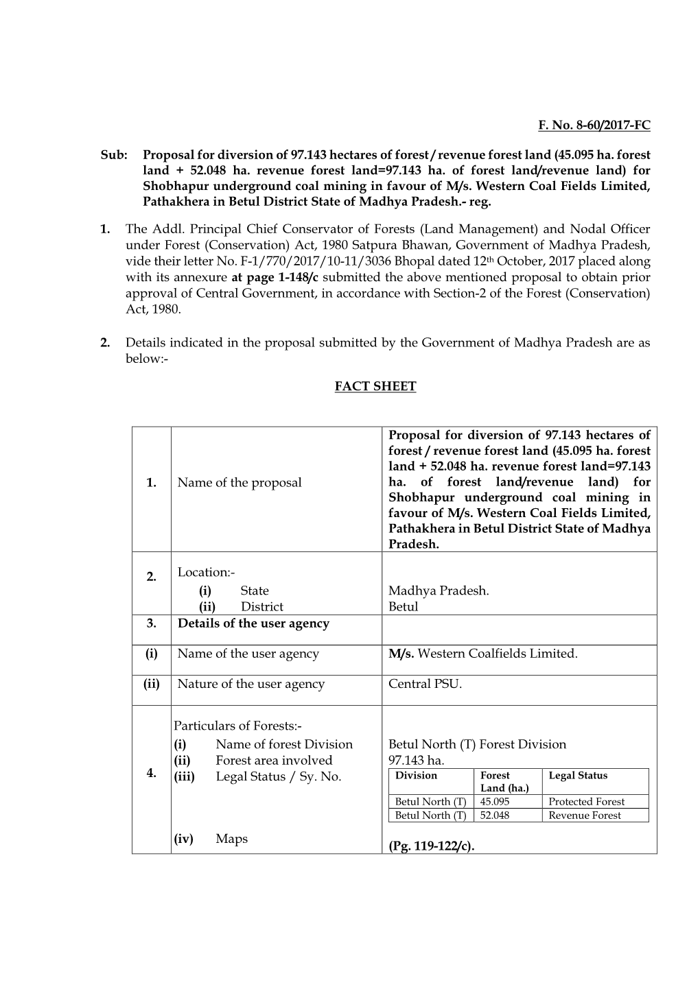 F. No. 8-60/2017-FC Sub: Proposal for Diversion of 97.143 Hectares Of