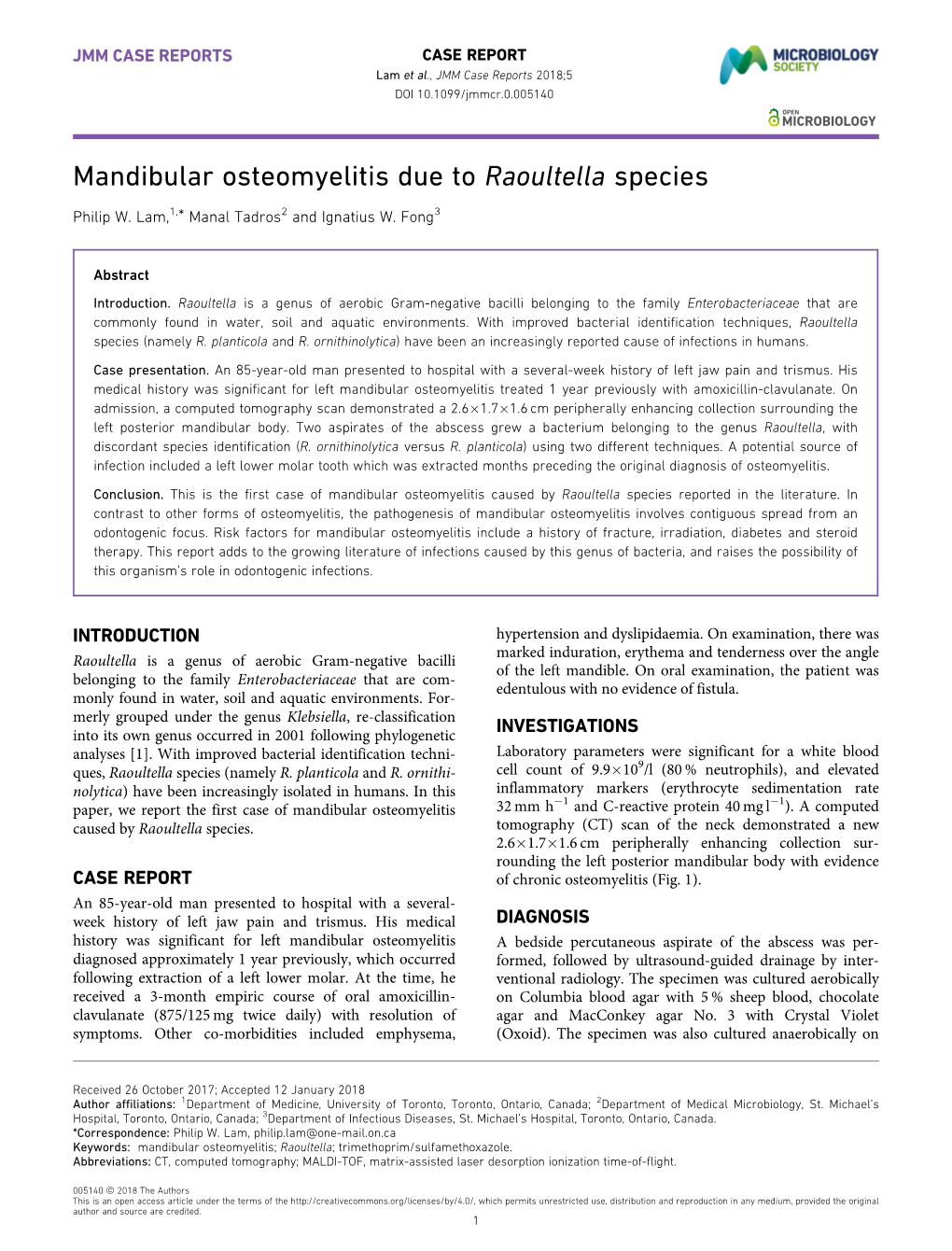 Mandibular Osteomyelitis Due to Raoultella Species