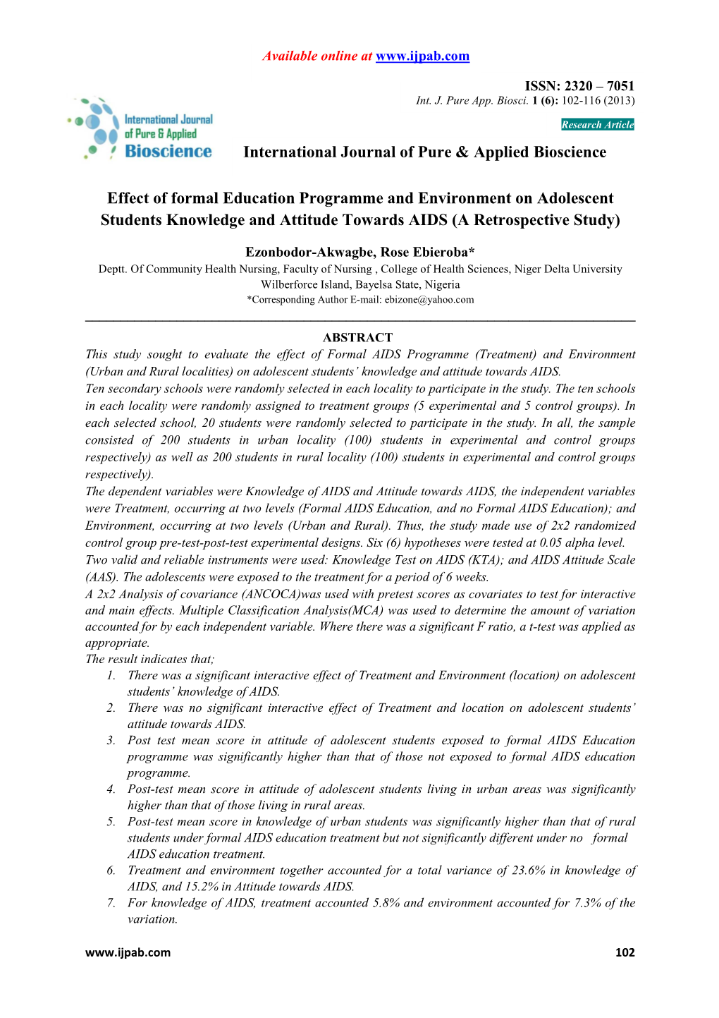 Effect of Formal Education Programme and Environment on Adolescent Students Knowledge and Attitude Towards AIDS (A Retrospective Study)