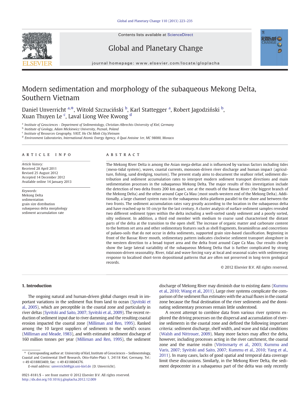 Modern Sedimentation and Morphology of the Subaqueous Mekong Delta, Southern Vietnam