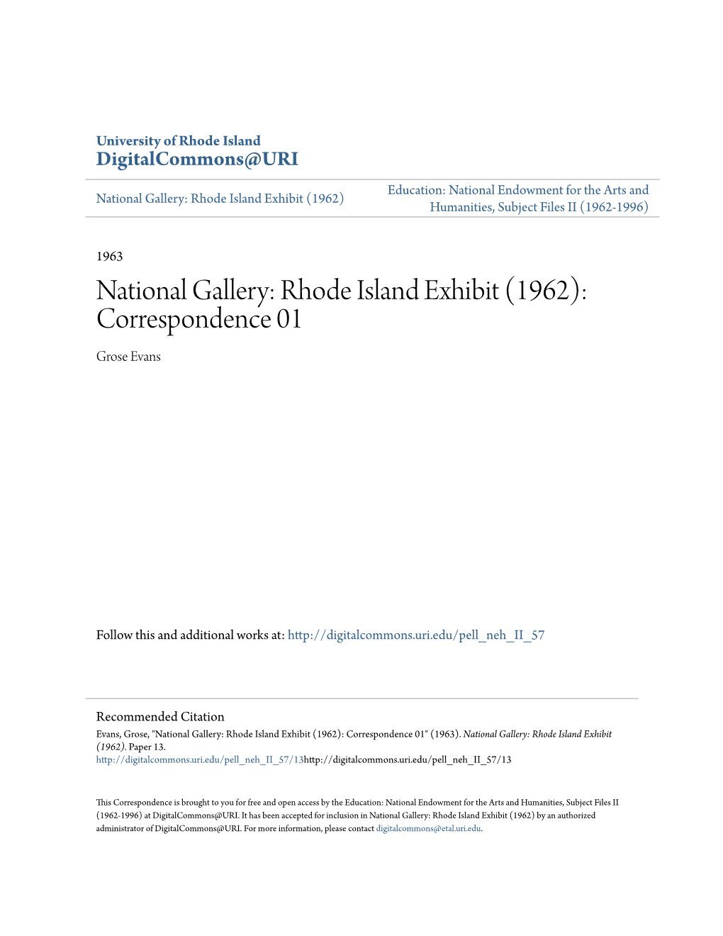 National Gallery: Rhode Island Exhibit (1962) Humanities, Subject Files II (1962-1996)