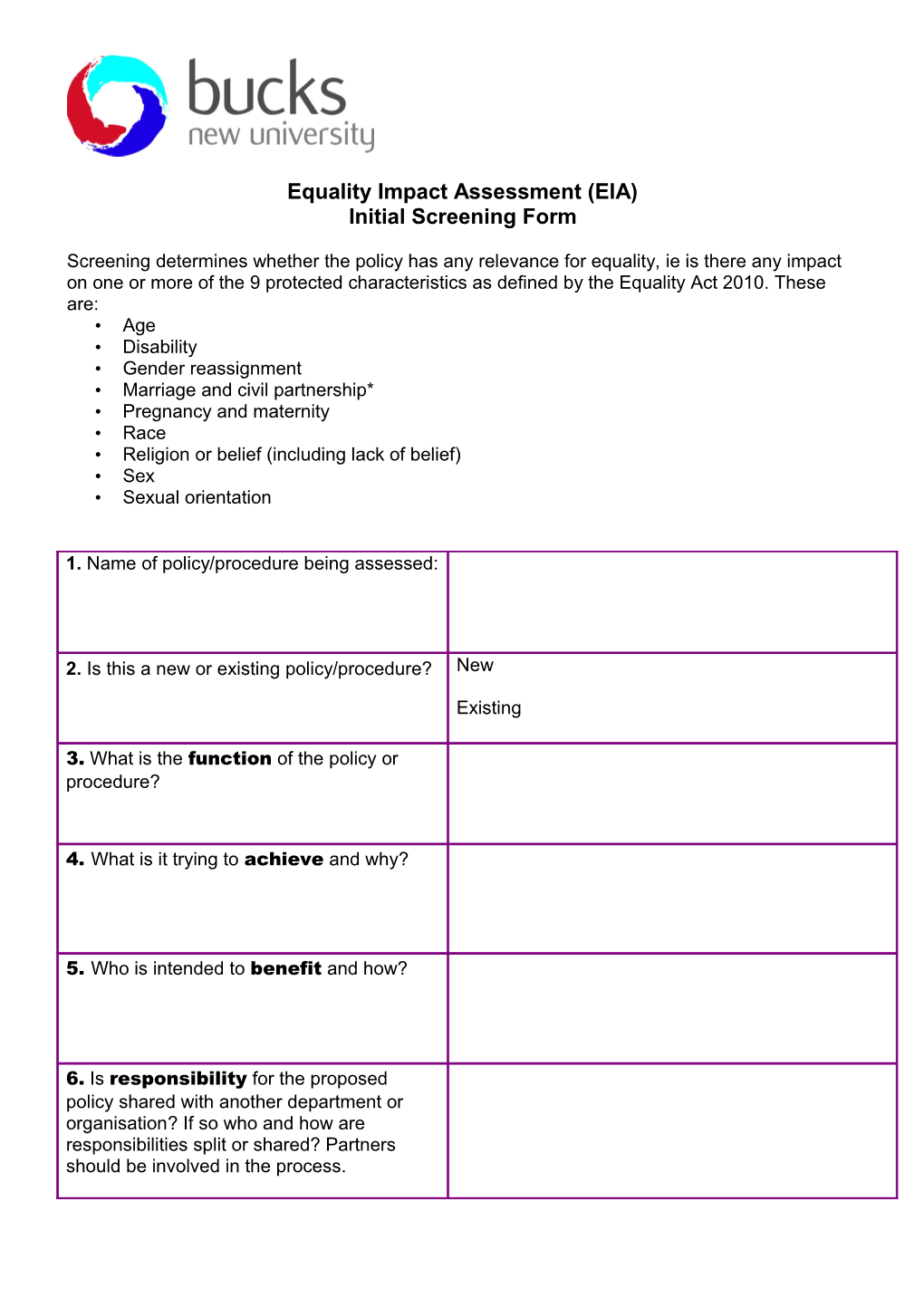 Equality Impact Assessment Form (EIA) - Initial Screening Form